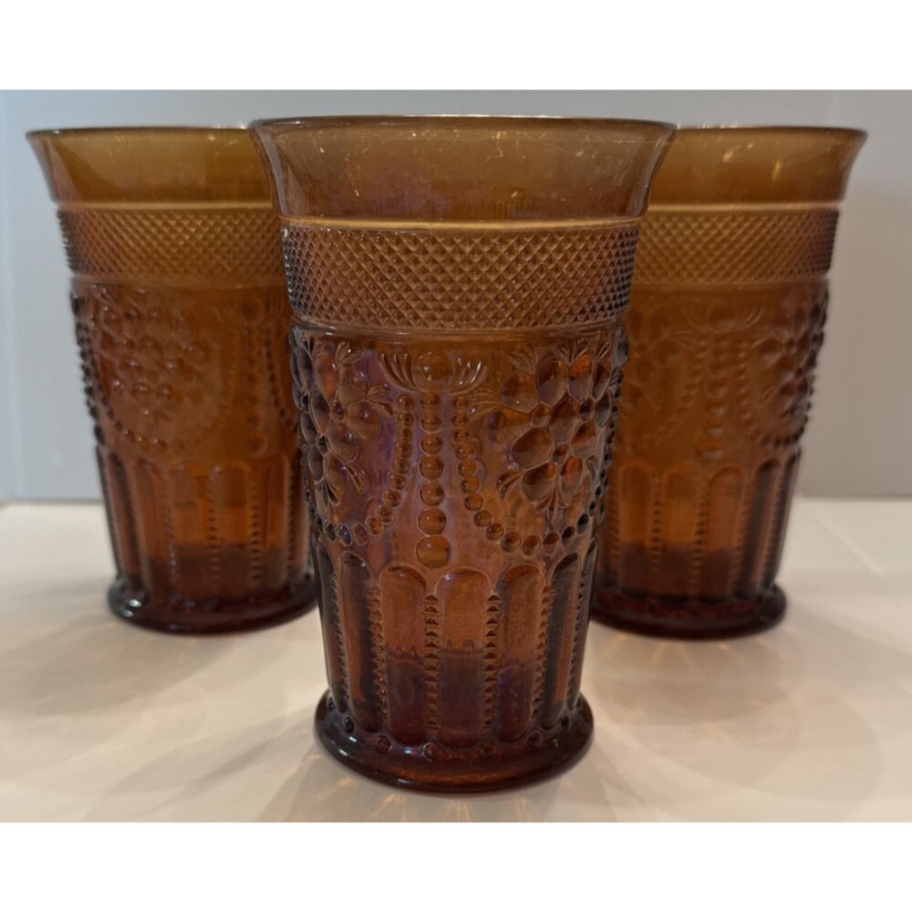 Imperial Glass Chroma Nut Brown Iced Tea Glasses Set of 3 - 1950s Embossed 5.5”